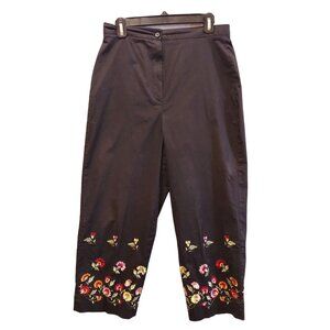 Larry Levine 12 Cropped Black Embroidered Flowers Pants light cotton Boho Hippie